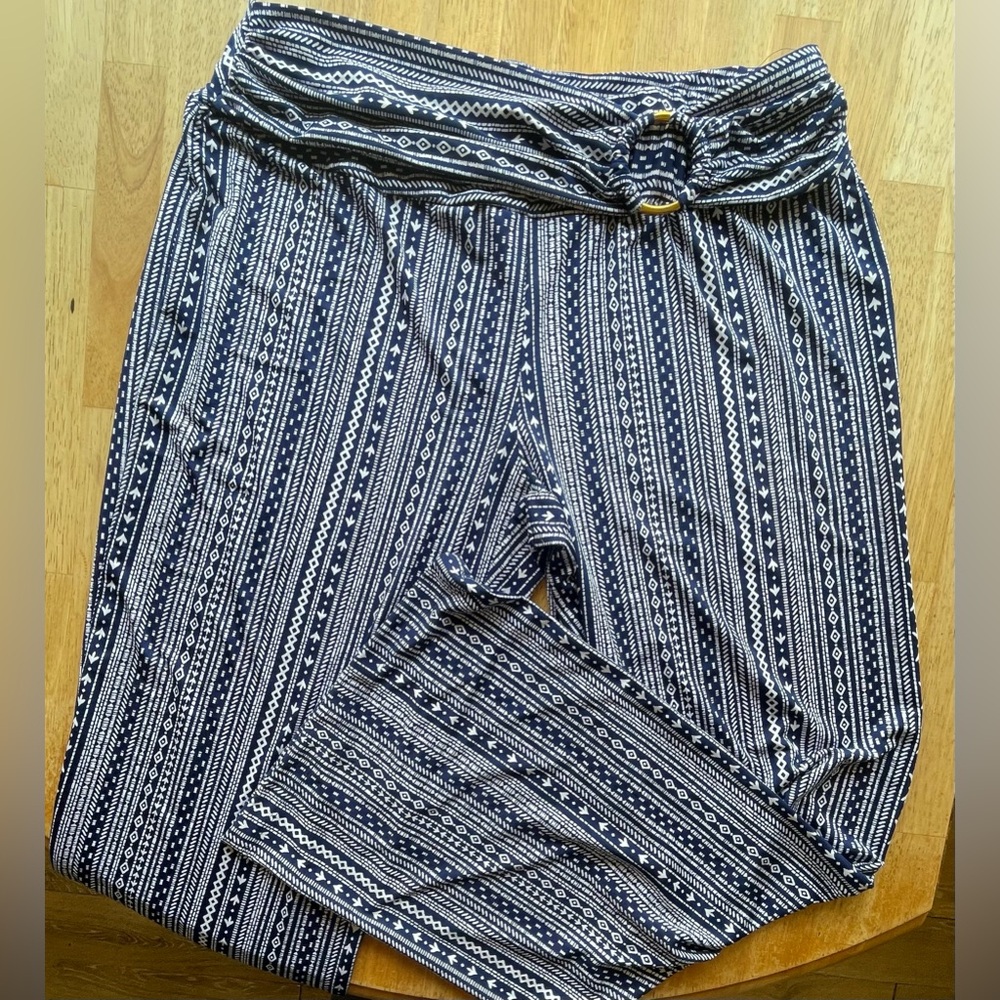 Robert Louis Blue and White geometric women’s 1x plus stretch pants